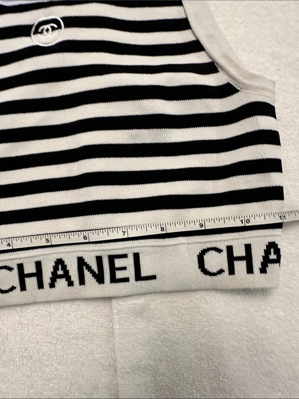 CHANEL Black and White Striped Cropped Knit Tank with Logo Hem